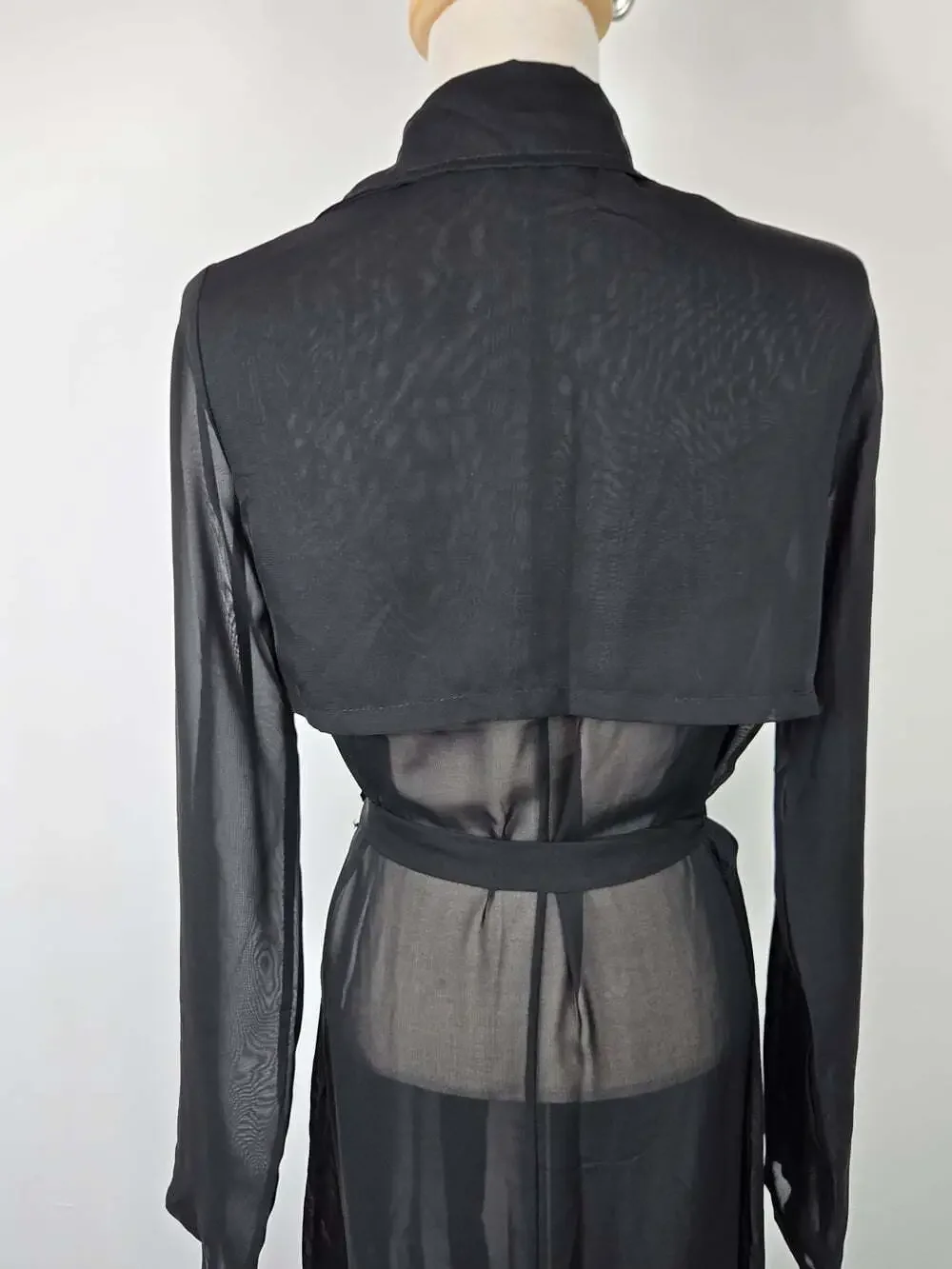 Lux LA Sheer Black Mesh Maxi Duster Robe Tie Waist Y2K Goth M